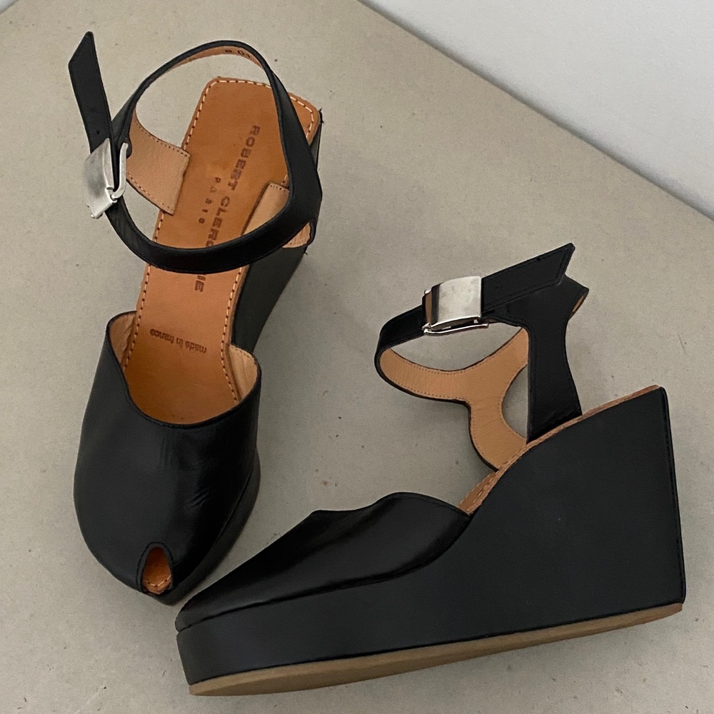 Robert Clergerie Black Leather Peep-Toe Wedge Sandals